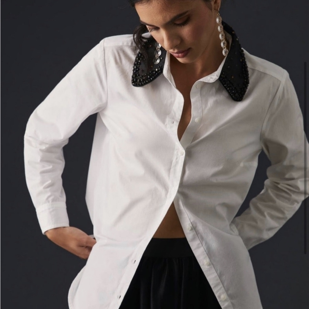 Anthropologie Maeve White Embellished Collar Button Down Size Small Peti…